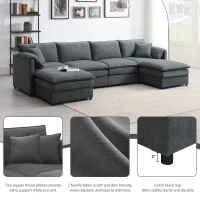 134" Chenille Modular Sectional 6 Seat Sleeper Sofa Bed with Ottomans, Double Cushions, for Living Room, 134″ L x 66″ W x 35″ H, Dark Gray(m-4)
