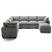 120" x 93" Modern U-Shape Modular Sofa with Storage Ottoman and 2 Pillows, 7-Seat Freely Combinable Furniture for Living Room, Gray(m-13)