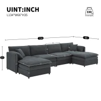 134" Chenille Modular Sectional 6 Seat Sleeper Sofa Bed with Ottomans, Double Cushions, for Living Room, 134″ L x 66″ W x 35″ H, Dark Gray(m-3)