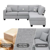 90" Modern L-Shape 5-Seat Sectional Sofa Set with Convertible Ottoman and 2 Pillows, Linen Fabric Couch, 90″ L x 60″ W x 32″ H, Grey(m-4)