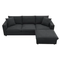 Modern L-Shaped 4-Seat Polyester Fabric Sectional Sofa Set with Convertible Ottoman and 2 Free Pillows, for Living Room, Black(m-2)