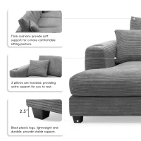Oversized Corduroy Sectional Sofa with USB Charging Port and Cup Holder, Deep Seat Sofa Bed with 50" Chaise, 134″ L x 54″ W x 25″ H, Gray(m-7)