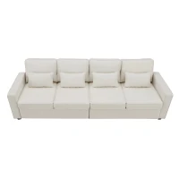 104" 4-Seater Modern Linen Fabric Sofa with Armrest Pockets and 4 Pillows, Minimalist Style, 104″ L x 33″ W x 34.5″ H, Beige(m-12)