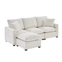 84" x 57" Modern 4-Seat Chenille Modular Sofa Set with 2 Pillows, Freely Combinable, for Living Room, 84″ L x 57″ W x 37″ H, White(m-13)