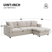 Modern L-Shaped 4-Seat Polyester Fabric Sectional Sofa Set with Convertible Ottoman and 2 Free Pillows, for Living Room, Beige(m-3)
