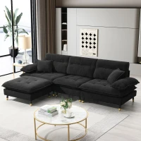 106" L-Shaped Convertible Tufted Sectional Sofa with 4-Seat, Adjustable Legs, Movable Ottoman for Living Room, 106″ L x 66.5″ W x 34″ H, Black(m-1)