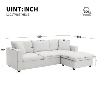 Modern L-Shaped 4-Seat Polyester Fabric Sectional Sofa Set with Convertible Ottoman and 2 Free Pillows, for Living Room, White(m-3)