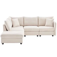 89" x 79" Modern Sectional Sofa with Vertical Stripes and 2 Pillows, 5-Seat Couch with Convertible Ottoman, for Living Room, Beige(m-2)