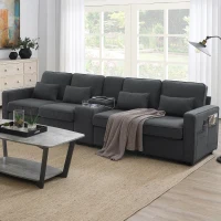 114.5" Modern Linen Fabric Upholstered Sofa with Console, 2 Cupholders, USB Ports, 4 Pillows, 4-Seat, 114.5″ L x 33″ W x 35″ H, Dark Gray(m-1)