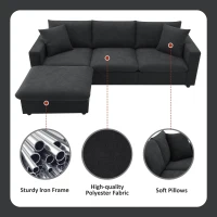 Modern L-Shaped 4-Seat Polyester Fabric Sectional Sofa Set with Convertible Ottoman and 2 Free Pillows, for Living Room, Black(m-4)