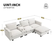 109" x 57" Modern Sectional Cloud Sofa with Console, USB Charging Port, Cup Holder, 4-Seat Chenille Couch for Living Room, Beige(m-3)