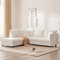 89" x 79" Modern Sectional Sofa with Vertical Stripes and 2 Pillows, 5-Seat Couch with Convertible Ottoman, for Living Room, White(m-9)
