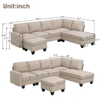 104.5" x 79" Modern L-Shaped 7-Seat Sectional Sofa with Chaise Lounge and Convertible Ottoman, Linen Fabric Couch for Living Room, Khaki(m-3)