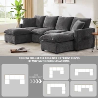 110" Modern U Shape Modular Sofa with 2 Pillows, 6 Seat Chenille Sectional Couch Set, Freely Combinable, 110″ L x 57″ W x 37″ H, Black+Gray(m-9)
