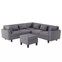 87" Modern Sectional Sofa with Coffee Table, Ottoman, Armrests, 6 Pillows, 6-Seat Couch for Living Room, 87″ L x 87″ W x 30″ H, Gray(m-2)
