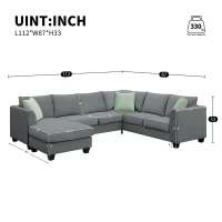 112" x 87" 7-Seater Modular Sofa with Ottoman and 3 Pillows, L-Shaped Fabric Couch Set, Modern Living Room Furniture, Gray(m-3)