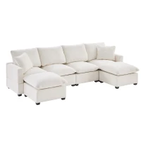 110" Modern U Shape Modular Sofa with 2 Pillows, 6 Seat Chenille Sectional Couch Set, Freely Combinable, 110″ L x 57″ W x 37″ H, White(m-13)