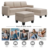 L-Shaped Reversible Sectional Couch with Storage Ottoman and Nailhead Trim, Textured Fabric, 81″ L x 76.5″ W x 35″ H, Warm Grey(m-4)