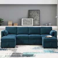 109" U-Shaped Chenille Modular Sectional Sofa with Adjustable Armrests and Backrests, 6-Seat Reversible Sofa, 109″ L x 55″ W x 33″ H, Blue(m-1)