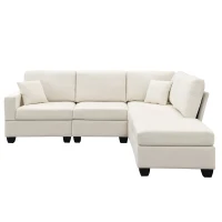 90" Modern L-Shape 5-Seat Sectional Sofa Set with Convertible Ottoman and 2 Pillows, Linen Fabric Couch, 90″ L x 60″ W x 32″ H, Beige(m-2)