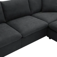 Modern L-Shaped 4-Seat Polyester Fabric Sectional Sofa Set with Convertible Ottoman and 2 Free Pillows, for Living Room, Black(m-9)