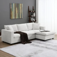 Modern L-Shaped 4-Seat Polyester Fabric Sectional Sofa Set with Convertible Ottoman and 2 Free Pillows, for Living Room, White(m-1)