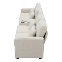 114.5" Modern Linen Fabric Upholstered Sofa with Console, 2 Cupholders, USB Ports, 4 Pillows, 4-Seat, 114.5″ L x 33″ W x 35″ H, Beige(m-12)