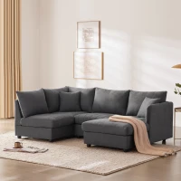 89" x 79" Modern Sectional Sofa with Vertical Stripes and 2 Pillows, 5-Seat Couch with Convertible Ottoman, for Living Room, Dark Gray(m-1)