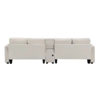114.5" Modern Linen Fabric Upholstered Sofa with Console, 2 Cupholders, USB Ports, 4 Pillows, 4-Seat, 114.5″ L x 33″ W x 35″ H, Beige(m-13)