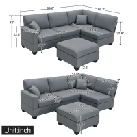 90" Modern L-Shape 5-Seat Sectional Sofa Set with Convertible Ottoman and 2 Pillows, Linen Fabric Couch, 90″ L x 60″ W x 32″ H, Dark Grey(m-3)