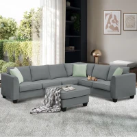 112" x 87" 7-Seater Modular Sofa with Ottoman and 3 Pillows, L-Shaped Fabric Couch Set, Modern Living Room Furniture, Gray(m-1)