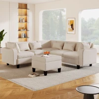 87" Modern Sectional Sofa with Coffee Table, Ottoman, Armrests, 6 Pillows, 6-Seat Couch for Living Room, 87″ L x 87″ W x 30″ H, Beige(m-1)