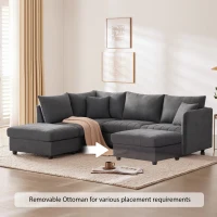 89" x 79" Modern Sectional Sofa with Vertical Stripes and 2 Pillows, 5-Seat Couch with Convertible Ottoman, for Living Room, Dark Gray(m-4)