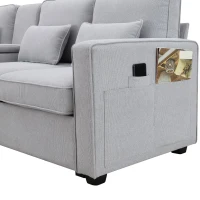 114.5" Modern Linen Fabric Upholstered Sofa with Console, 2 Cupholders, USB Ports, 4 Pillows, 4-Seat, 114.5″ L x 33″ W x 35″ H, Light Gray(m-9)