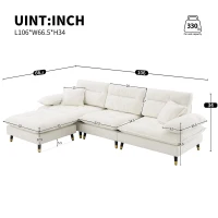 106" L-Shaped Convertible Tufted Sectional Sofa with 4-Seat, Adjustable Legs, Movable Ottoman for Living Room, 106″ L x 66.5″ W x 34″ H, White(m-3)
