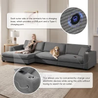 Oversized Corduroy Sectional Sofa with USB Charging Port and Cup Holder, Deep Seat Sofa Bed with 50" Chaise, 134″ L x 54″ W x 25″ H, Gray(m-5)