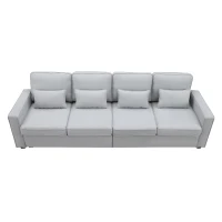 104" 4-Seater Modern Linen Fabric Sofa with Armrest Pockets and 4 Pillows, Minimalist Style, 104″ L x 33″ W x 34.5″ H, Light Gray(m-12)