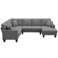 108" Modern U-Shaped 7-Seat Fabric Sectional Sofa Set with 3 Pillows, for Living Room, Apartment, 108″ L x 85.5″ W x 33.5″ H, Dark Grey(m-2)