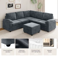 84" x 84" Modern Velvet Sectional Sofa Set with Ottoman and Armrest Pillow, 6-Seat Furniture for Living Room, 84″ L x 84″ W x 35″ H, Gray(m-6)