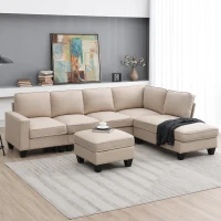 104.5" x 79" Modern L-Shaped 7-Seat Sectional Sofa with Chaise Lounge and Convertible Ottoman, Linen Fabric Couch for Living Room, Khaki(m-1)