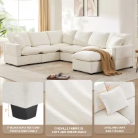 110" x 84" Modern U-Shape 7-Seat Chenille Modular Sofa Set with 2 Pillows, Freely Combinable for Living Room, 110″ L x 84″ W x 37″ H, White(m-4)