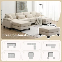 133" x 65" U-Shaped Corduroy Modular Sectional Sofa with Armrest Bags, 6-Seat Freely Combinable Sofa Bed, for Living Room, Beige(m-8)
