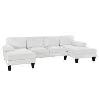 112" Granular Velvet U-Shaped Sofa with Double Chaise, 6-Seat Sofa Bed, Indoor Furniture for Living Room, 112″ L x 56″ W x 35″ H, Beige(m-11)