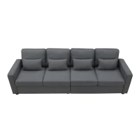 104" 4-Seater Modern Linen Fabric Sofa with Armrest Pockets and 4 Pillows, Minimalist Style, 104″ L x 33″ W x 34.5″ H, Dark Gray(m-12)