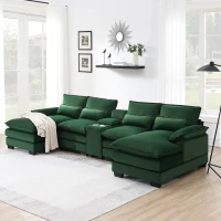 123" Modern U-Shaped 6-Seat Upholstered Sleeper Sofa Set with Console, Cupholders, USB Ports, and Chaise, 123″ L x 55″ W x 33″ H, Green(m-1)