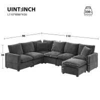 110" x 84" Modern U-Shape 7-Seat Chenille Modular Sofa Set with 2 Pillows, Freely Combinable for Living Room, 110″ L x 84″ W x 37″ H, Black+Gray(m-3)
