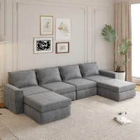 115" Chenille Modular Sectional 6-Seat Sleeper Sofa with Ottoman, U-Shaped Reversible Couch, for Living Room, 115″ L x 58″ W x 32″ H, Gray(m-9)