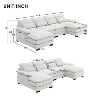 Modern U-Shaped 6-Seat Sectional Sofa with Chaise Lounge, Upholstered Sleeper Couch with Waist Pillows, 110″ L x 55″ W x 33″ H, White(m-3)
