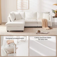 89" x 79" Modern Sectional Sofa with Vertical Stripes and 2 Pillows, 5-Seat Couch with Convertible Ottoman, for Living Room, White(m-5)