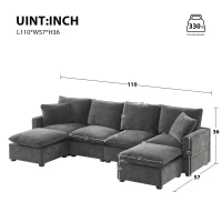 110" Modern U Shape Modular Sofa with 2 Pillows, 6 Seat Chenille Sectional Couch Set, Freely Combinable, 110″ L x 57″ W x 37″ H, Black+Gray(m-3)